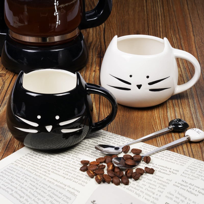 Koolkatkoo Cute Cat Mug Ceramic Coffee Mugs Set Gifts for Women Girls Cat Lovers Funny Small Cup with Spoon 12 oz Black and White - Image 3